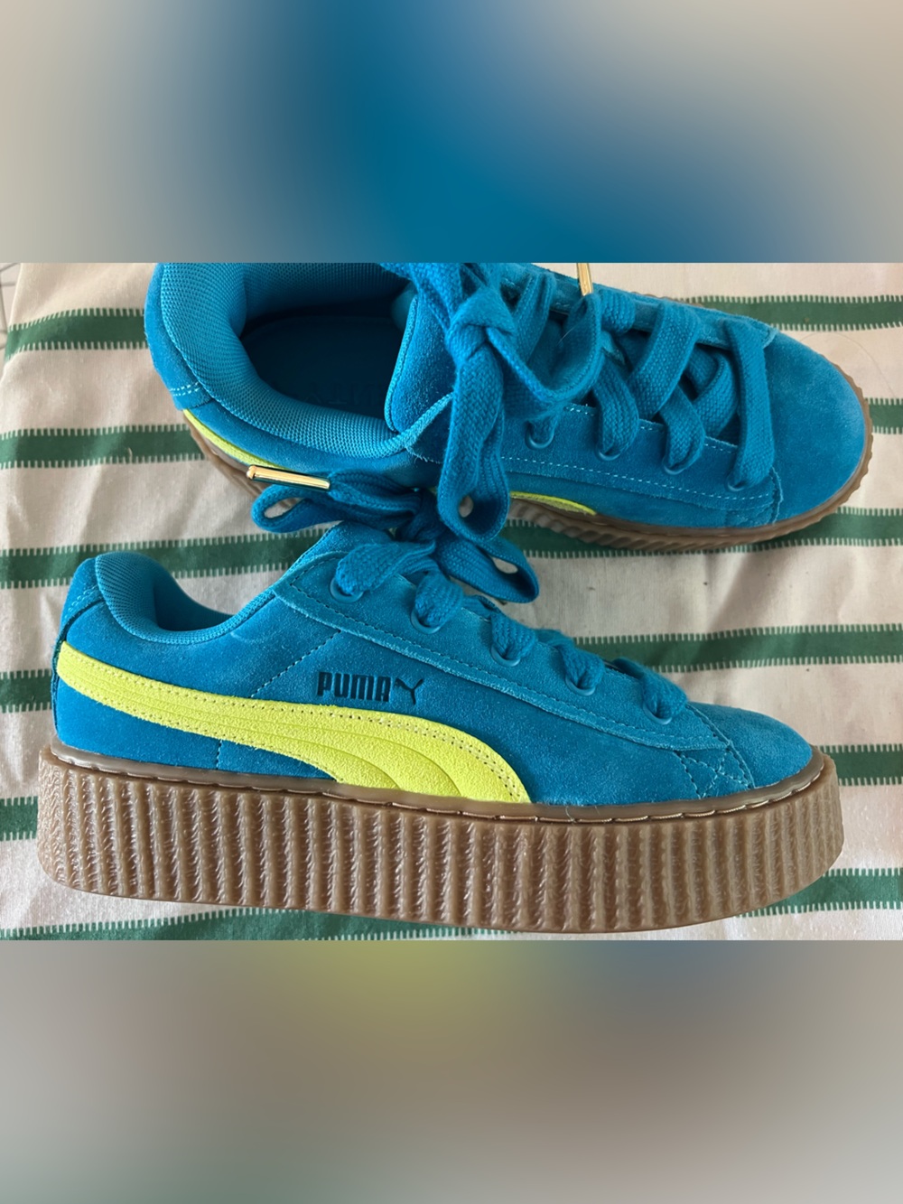 Fenty x Puma Creeper Phatty sneakers in Speed Blue & neon green stripe sz 8 New